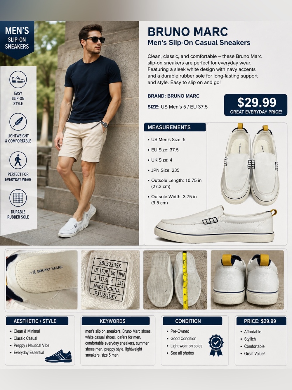 Bruno Magli White Leather Slip-On Loafers with Navy and Yellow Accents